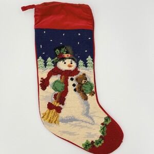 Needlepoint Christmas Stocking Snowman Teddy Bear Wool Velvet Holiday Decor